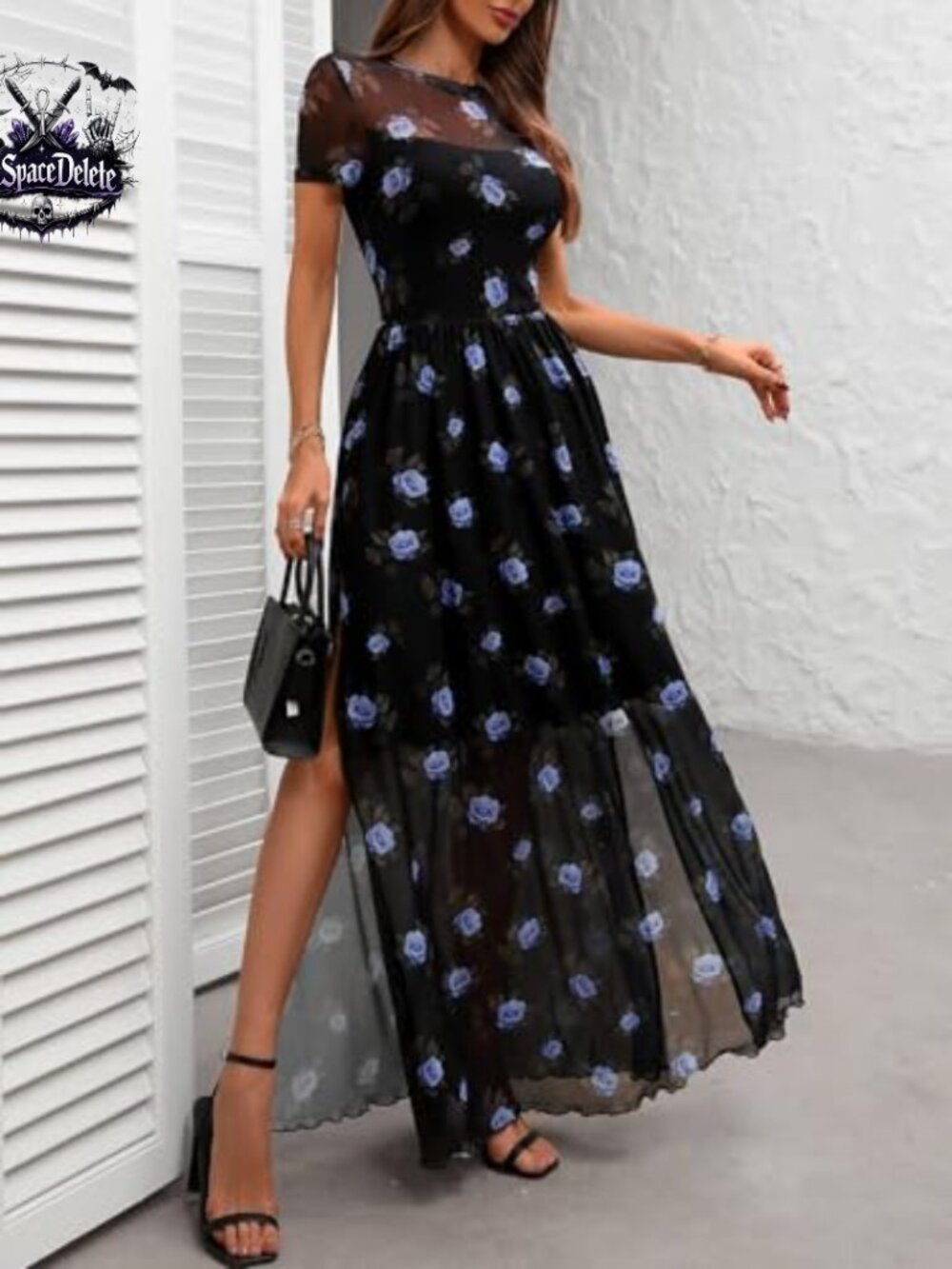 Mesh Maxi Dress with High Slit, Floral Print, Short Sleeve, High Waist - Picture 4 of 7